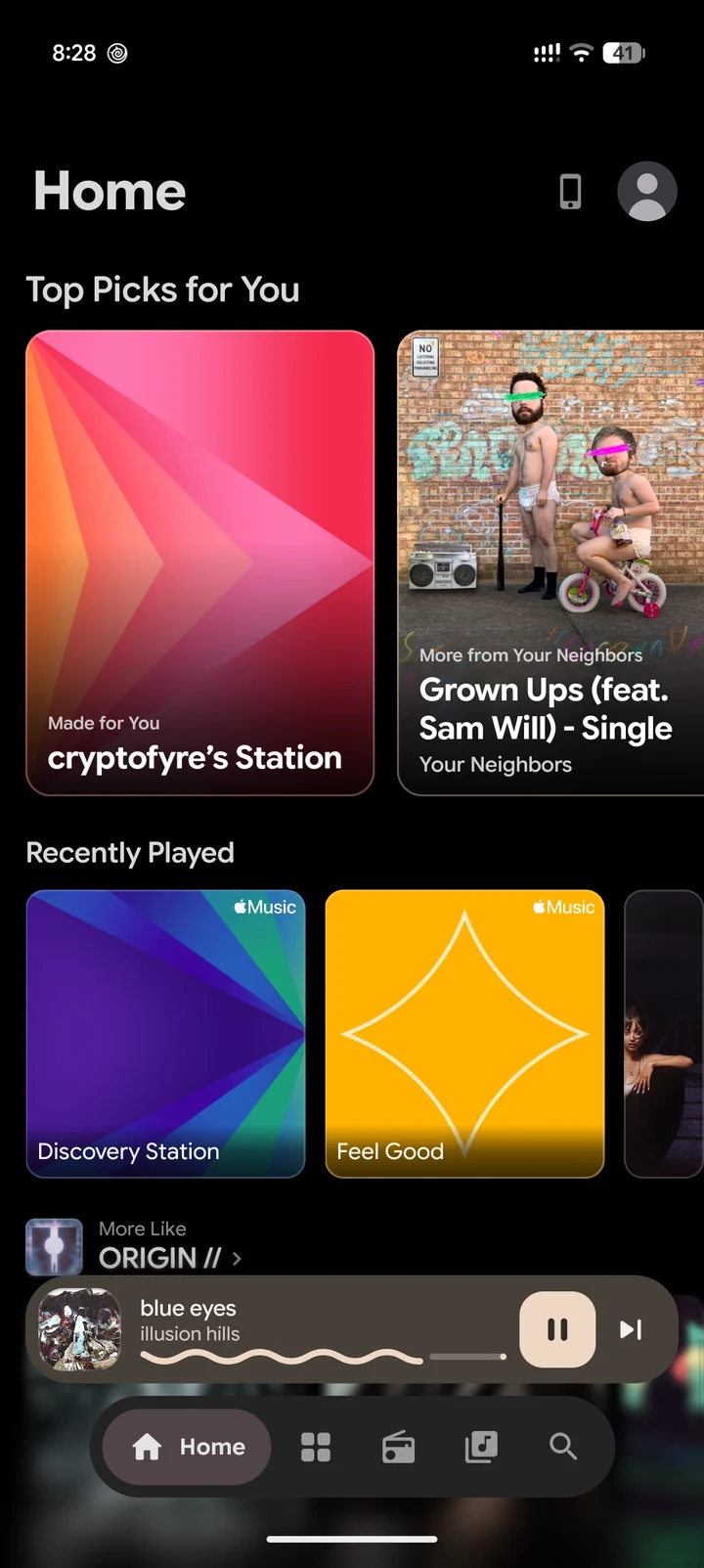 Top picks, recently played, and stations made for you.