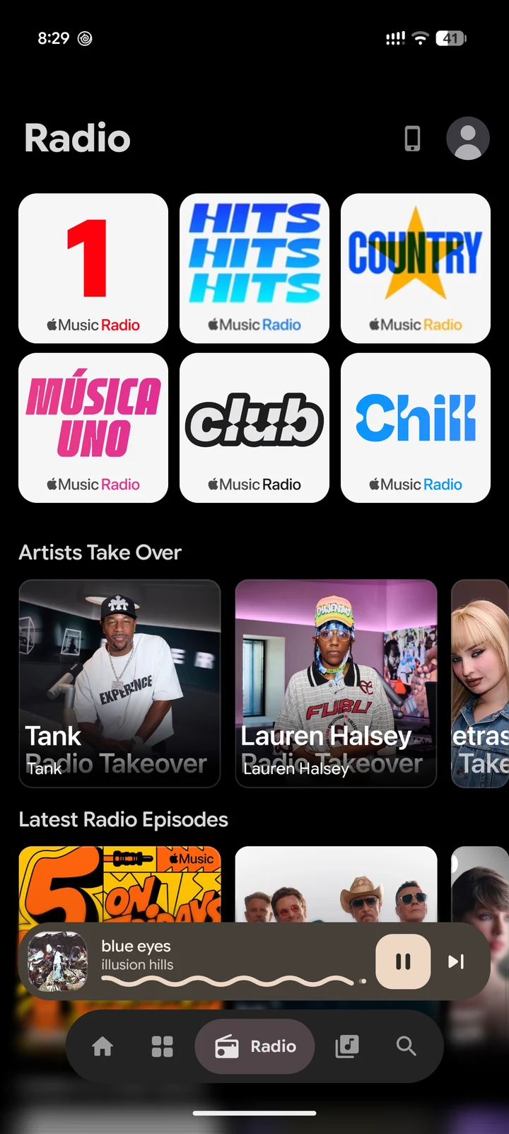 Apple Music Radio stations and the latest episodes.